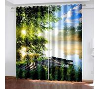 Aotiwe Rideau Salon, Rideau Fenetre Cuisine Vert Bleu Blanc Arbres et Pont en Bois du Lac Sun Polyester Lot de 2 214x160cm
