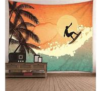 Aotiwe Tapestry, Tapisserie Western Surf en Mer et Cocotiers Orange Bleu Polyester Décoration Murale Chambre 200x200cm