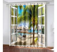 Aotiwe Voilage Occultant Fenetre, Rideau Style Boheme Blanc Vert Kaki Bleu Coconut Palm et Maisons de Vacances À Window Beach Polyester 2 Panneaux 304x244cm