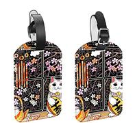 Aotmany Lot de 2 étiquettes à bagages en cuir synthétique style japonais rétro avec motif chat porte-bonheur théière, campanule, étiquettes d'identification pour sac de voyage, bagages, valise avec