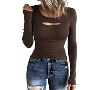 Aottori Chemises Femme Manches Longues T-Shirt Col Rond Côtelé Coton Découpé sur la Poitrine Hauts Extensible Chic Tshirt Élégant Slim Fit Top Basic Pull Décontracté Brun XS