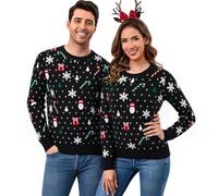 Aottori Pulls de Noël Tricot Femme Arbre de Noël Imprimé Sweat-Shirt Manches Longues Col Rond Sweater Noël Moche Chaud Sweat Hauts Drôle Festif Christmas Décontracté Donna-Noir XXL