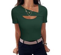 Aottori T-Shirt à Manches Courtes pour Femme élégant Haut Décontracté Côte Tee Shirt Tunique Top Couleur Unie T Shirts Été Vert XXL