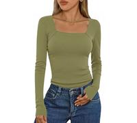 Aottori T-Shirt à Manches Longues Femme Col Carré Côtelé Chic élégant Slim Fit Haut Décontracté Tee Shirt Tunique Basic Top Tshirt Pull Vert 2 M