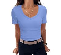 Aottori T Shirt Côtelé Femme Col V Manches Courtes Coupe Ajustée Été | Maille côtelée, col V avec manches courtes, coupe ajustée, adapté au quotidien bureau ou sortie, en ville comme en vacances