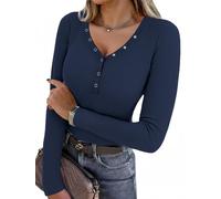 Aottori T-Shirt Femme Manches Longues Col en V Con Boutons Tee Shirt Côtelé Haut Chic et Élégant Sexy Pull Slim Fit Basique Léger Chemises Extensible Respiratoire Automne Top Bleu Marine XS