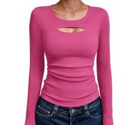 Aottori Tee Shirt Femme Col Rond Ajouré Haut Côtelé Manches Longues Uni | Sensation souple extensible; Manches longues; Col rond avec détail ajouré; Avec jean pantalon ou jupe; Bureau et sorties
