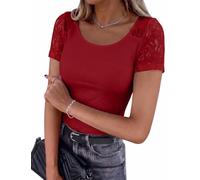 Aottori Tee Shirt Femme Dentelle Côtelé Col Rond Été Moulant | Basic Top, Chic et Elegant, Ajusté Haut, Couleur Unie, Manches Courtes, Doux et Extensible