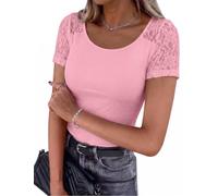 Aottori Tee Shirt Femme Dentelle Côtelé Col Rond Été Moulant | Basic Top, Chic et Elegant, Ajusté Haut, Couleur Unie, Manches Courtes, Doux et Extensible