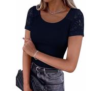 Aottori Tee Shirt Femme Dentelle Côtelé Col Rond Été Moulant | Basic Top, Chic et Elegant, Ajusté Haut, Couleur Unie, Manches Courtes, Doux et Extensible