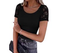 Aottori Tee Shirt Femme Dentelle Côtelé Col Rond Été Moulant | Basic Top, Chic et Elegant, Ajusté Haut, Couleur Unie, Manches Courtes, Doux et Extensible