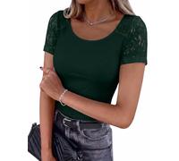 Aottori Tee Shirt Femme Dentelle Côtelé Col Rond Été Moulant | Basic Top, Chic et Elegant, Ajusté Haut, Couleur Unie, Manches Courtes, Doux et Extensible