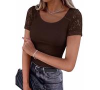 Aottori Tee Shirt Femme Dentelle Côtelé Col Rond Été Moulant | Basic Top, Chic et Elegant, Ajusté Haut, Couleur Unie, Manches Courtes, Doux et Extensible