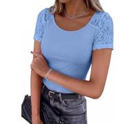Aottori Tee Shirt Femme Dentelle Côtelé Col Rond Été Moulant | Basic Top, Chic et Elegant, Ajusté Haut, Couleur Unie, Manches Courtes, Doux et Extensible