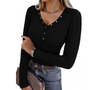 Aottori Tshirt Femme Manches Longues Col en V T-Shirt Con Boutons Côtelé Chemises Chic et Élégant Slim Fit Haut Basic Sexy Léger Pull Extensible Couleur Unie Décontracté Noir L