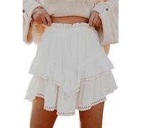 Aoudery Short fluide pour femme, style bohème, décontracté, à volants, taille haute, mini jupe pour golf, tennis, crochet, Tout en blanc, Taille S