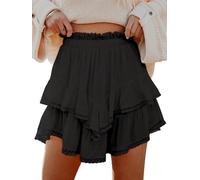 Aoudery Short fluide pour femme, style bohème, décontracté, à volants, taille haute, mini jupe pour golf, tennis, crochet, Entièrement noir, Taille S