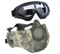 Aoutacc Kit de Protection Airsoft avec Demi-Masque en Maille avec Protection des Oreilles et Lunettes pour CS/Chasse/Paintball/Tir (ACU)