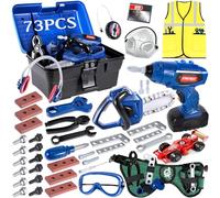 AOUVT 73 Pcs Ensemble de Jeu D'outils pour Enfants - Ensemble Complet D'outils de Construction Accessoires Jouets - Boîte à Outils avec Perceuse, Tronçonneuse, Tournevis et Voiture Assemblée
