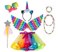 AOUVT 7Pcs Jupe Buste Licorne Enfant, Collier de Perles Colorées, Bracelet, Baguette Magique, Robes Fille, Robe de Soirée Licorne, Robe de Princesse avec Licorne, Convient aux Filles de 3 à 8 Ans