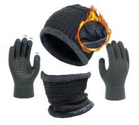AOUVT Ensemble D'hiver 3 en 1 - Écharpe Tricotée Chaude Doublée de Laine, Chapeau Élastique et Gants D'écran Tactile - Ensemble Thermique