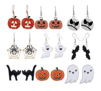AOVNA Lot de 9 paires de boucles d'oreilles pendantes à tige pour Halloween, motif araignée, fantôme, chauve-souris, chat, citrouille