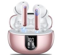 AOVOCE Écouteurs intra-auriculaires sans fil Bluetooth 5.3 avec 4 micros antibruit d'appel ENC HiFi stéréo Mini écouteurs 42 heures de lecture Affichage LED Écouteurs étanches IP6 Rose