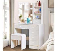 Aovquof Coiffeuse à LED Hollywood avec miroir et tabouret, 6 tiroirs et 3 compartiments ouverts, en bois, pour chambre à coucher