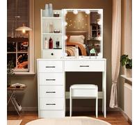 Aovquof Coiffeuse avec 10 miroirs LED à luminosité réglable, Coiffeuse avec 6 tiroirs et 3 étagères de Rangement, Meuble Chambre Style moderme en Bois, Blanc (Poignée Noire)