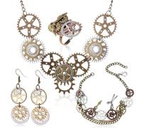 AOWVUTS 4 Pièces Ensemble Accessoires Steampunk Femme Rétro Engrenages Charmes Collier Boucles d'oreilles Bracelet Bague Horloge Bijoux Steampunk Gothiques pour Mascarade Carnaval