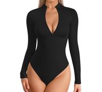 AOWVUTS Body Femme Manches Longues Zip Col Roulé et Col V Sexy Bodysuit Stretch Slim Jumpsuit Top Casual Justaucorps Chic Haut Shirt Blouses Élégant Combinaison String Bodysuit