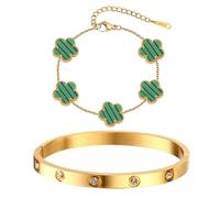 AOWVUTS Bracelet Trèfle Chanceux Femme Plaqué Or 18 Carats Ensemble de 2 Bracelets en Acier Inoxydable en Cristal Bracelet Trèfle Porte Bonheur Fleur Bijoux Cadeaux pour Anniversaires Fêtes (Vert)
