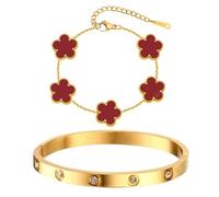 AOWVUTS Bracelet Trèfle Chanceux Femme Plaqué Or 18 Carats Ensemble de 2 Bracelets en Acier Inoxydable en Cristal Bracelet Trèfle Porte Bonheur Fleur Bijoux Cadeaux pour Anniversaires Fêtes (Rouge)