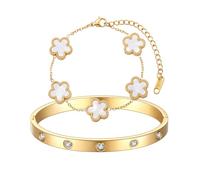 AOWVUTS Bracelet Trèfle Chanceux Femme Plaqué Or 18 Carats Ensemble de 2 Bracelets en Acier Inoxydable en Cristal Bracelet Trèfle Porte Bonheur Fleur Bijoux Cadeaux pour Anniversaires Fêtes (Blanc)