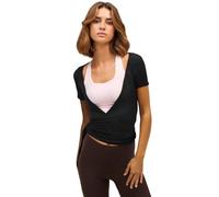 AOWVUTS Cache Coeur de Danse Femme Classique Veste de Ballet Gilet Cardigan Manches Courtes Crop Top Elastique Col V Chemise T-Shirt Y2K Yoga Pilates Haut de Gymnastique Dancewear Sportswear
