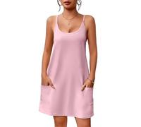 AOWVUTS Chemise de Nuit d'été Femme Manche sans Robe de Nuit Casual Col Rond Nuisette Court Robe d'été à Bretelles Spaghetti Reglables Vêtements de Nuits avec Poches