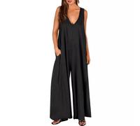 AOWVUTS Combinaison Femme Casual Jambe Large Jumpsuit sans Manches Col en V Salopette Ample Décontractée Playsuit avec Poches Grande D'été Overalls Rompers Larges Bretelles Combishort Pantalon