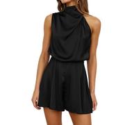 AOWVUTS Combinaison Femme Combishort Courte sans Manches Été Col Montant en Satin Élégant Jumpsuits Une Pièce Moulante Loose Casual Rompers Jambes larges Playsuit