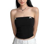 AOWVUTS Débardeur sans Bretelles pour Femme Bandeau Tube Tops sans Manches avec Nœud Papillon Été Bustier Debardeur Sexy Chemise Haut Court Blouse Élégant Crop Top Y2K Dos Nu Caraco Camisole T-Shirt