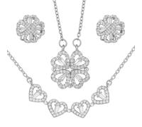 AOWVUTS Ensemble de Bijoux Trèfle à Quatre Feuilles, Chanceux Quatre Trèfle Boucles D'Oreilles Pendentif Collier Parure de Bijoux, 2 en 1 Collier Magnétique Coeur Cristal Pour Femme (argent)