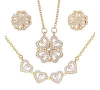 AOWVUTS Ensemble de Bijoux Trèfle à Quatre Feuilles, Chanceux Quatre Trèfle Boucles D'Oreilles Pendentif Collier Parure de Bijoux, 2 en 1 Collier Magnétique Coeur Cristal Pour Femme (or)