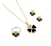 AOWVUTS Ensemble de Bijoux Trèfle a Quatre Feuilles, Collier Trefle a 4 Feuille Pendentif Collier Boucles D'oreilles Bague Set, Trefle Réglable Hypoallergénique Zircon Parures (Noir)