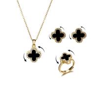 AOWVUTS Ensemble de Bijoux Trèfle à Quatre Feuilles Porte Bonheur Collier Boucles D’oreilles et Bague Anti Stress Spinner Reglable Parure de Bijoux avec Zircon pour Femmes Anxiété Soulagement (GB)