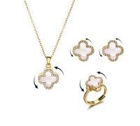 AOWVUTS Ensemble de Bijoux Trèfle à Quatre Feuilles Porte Bonheur Collier Boucles D’oreilles et Bague Anti Stress Spinner Reglable Parure de Bijoux avec Zircon pour Femmes Anxiété Soulagement (GW)