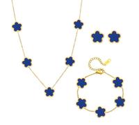 AOWVUTS Ensemble de Bijoux Trèfle à Quatre Feuilles pour Femme 18K Plaqué Or Acier Inoxydable Collier Bracelet Boucles d'Oreilles Porte-Bonheur Fleur Parures Cadeau pour Anniversaire Mariage (Bleu)