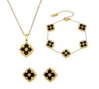 AOWVUTS Ensemble de Bijoux Trèfle à Quatre Feuilles pour Femme Fille 18K Plaqué Or Acier Inoxydable Trèfle Porte-Bonheur Collier Boucles d'Oreilles Bracelet Parures Cadeau pour Anniversaire (Noir)