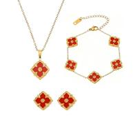 AOWVUTS Ensemble de Bijoux Trèfle à Quatre Feuilles pour Femme Fille 18K Plaqué Or Acier Inoxydable Trèfle Porte-Bonheur Collier Boucles d'Oreilles Bracelet Parures Cadeau pour Anniversaire (R)