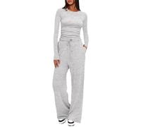 AOWVUTS Ensemble Décontracté Femme Deux Pièces Haut Manches Longues et Pantalon à Jambes Larges avec Poches Élégant Survêtement Suit Loungewear Set Casual Pyjama Jogging Sport Yoga Fitness