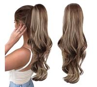 AOWVUTS Extension Queue de Cheval avec Cordon Postiche Cheveux Naturel Bouclés Longue Ondulée Ponytail de Cheveux de Queue Synthétiques Postiche de Cheval Ponytail Extensions pour Femme (Blondmarron)