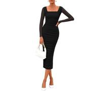 AOWVUTS Femme Robe Midi à Manches Longues Moulante Robe de Cocktail à Col Carré Robes Longues Ruched Chic et Élégante Robes Crayon Portefeuille Slim Fit pour Soirée Party Fête Club Cérémonie Mariage